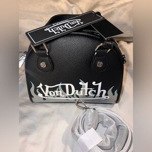 Von Dutch Black Mini Dome Crossbody with Light Blue Flames